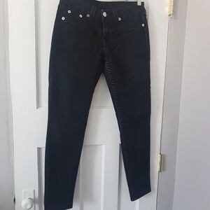 True Religion Low Rise Leather Contrast Denim Legging Black Sz 26
